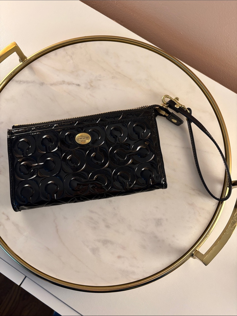 Coach Black Patent Embossed Signature Leather Wristlet with Gold Hardware